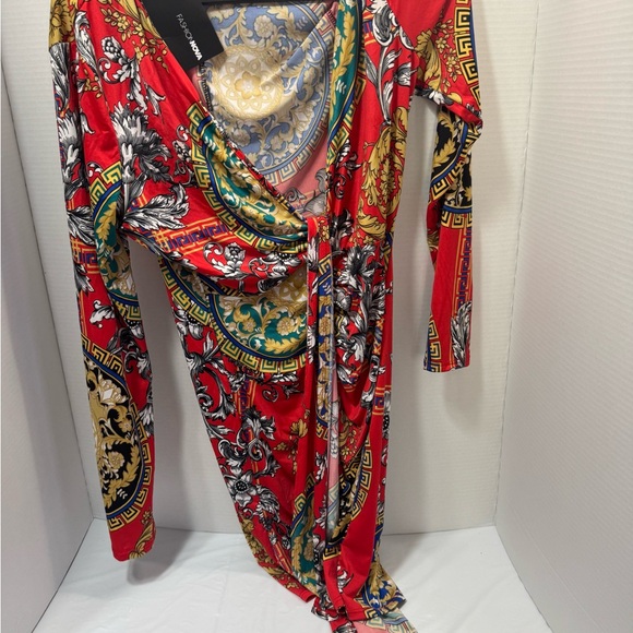 Fashion Nova Red Long Sleeve Baroque Print Dress - Picture 3 of 3